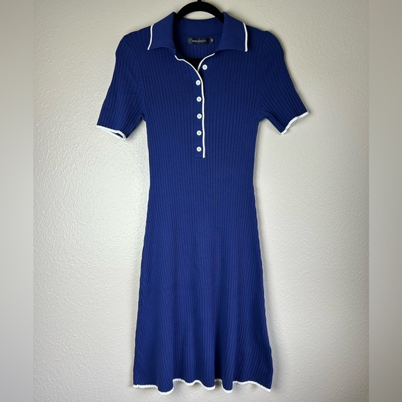 MEROKEETY Women's Summer Ribbed Knit Midi Dresses Short Sleeve V Neck Button - Picture 2 of 5